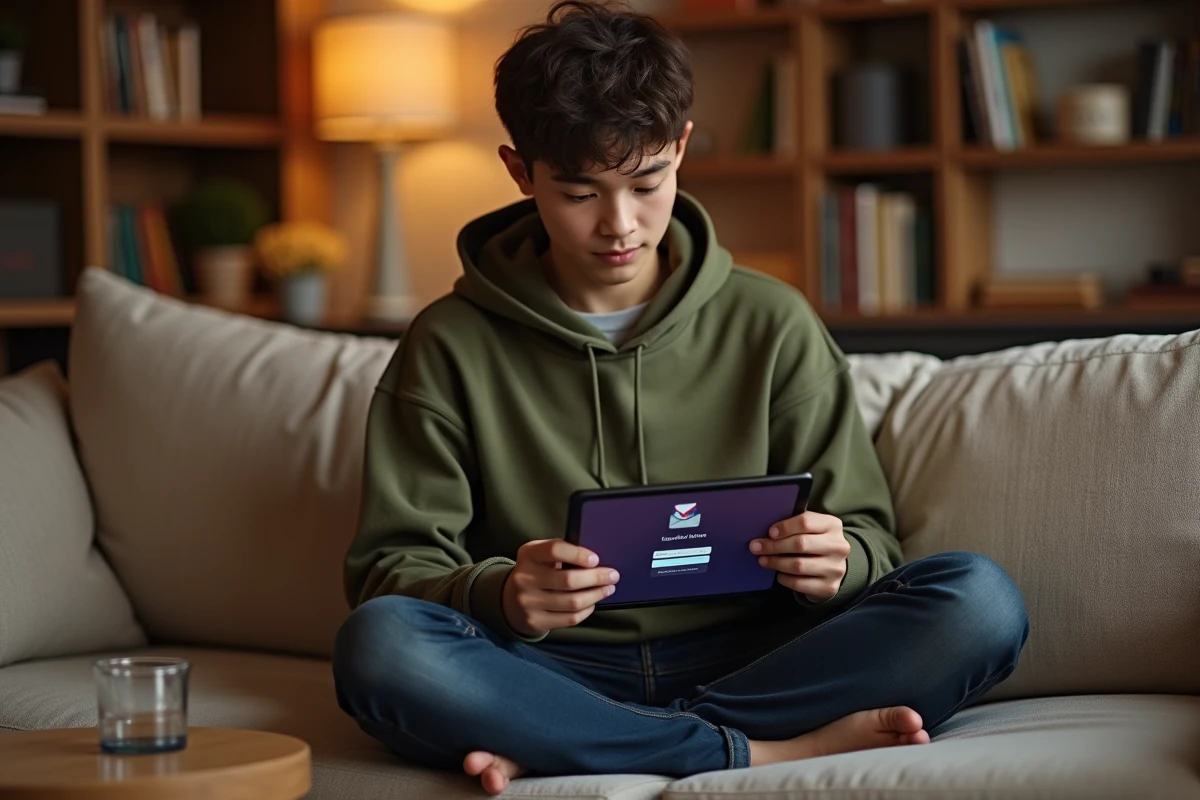 Jeune personne tentant de se connecter à son compte webmail Ozone depuis une tablette dans un salon confortable