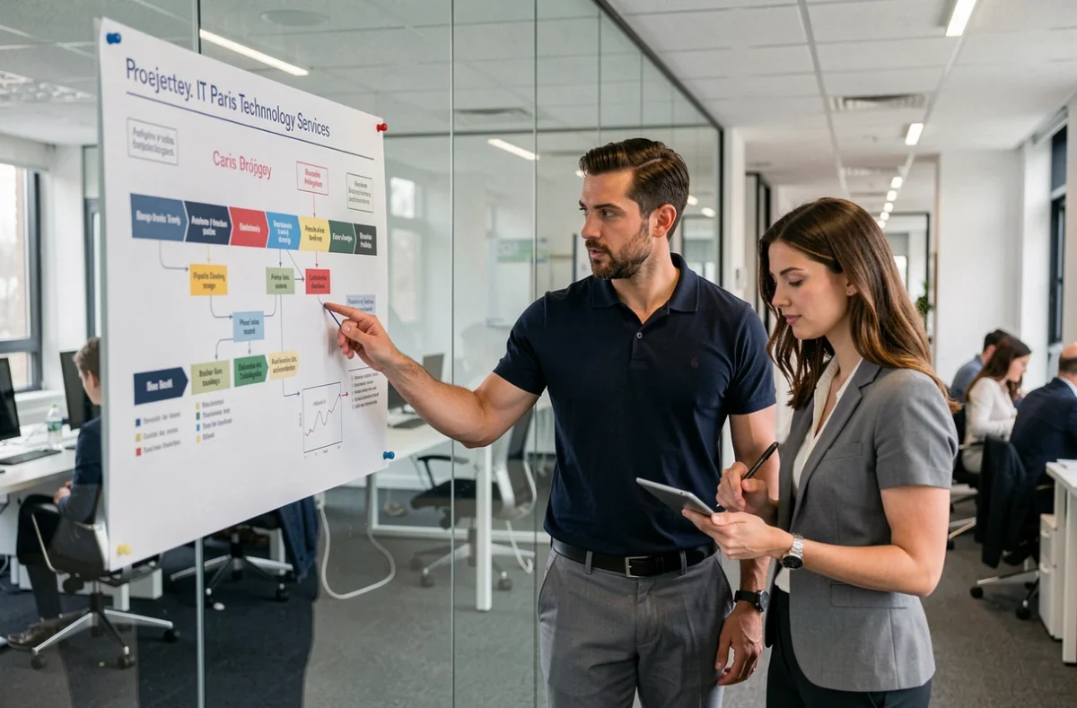 Chef de projet ACI Technology et sa collègue examinant un planning de projet dans un bureau de services IT parisien