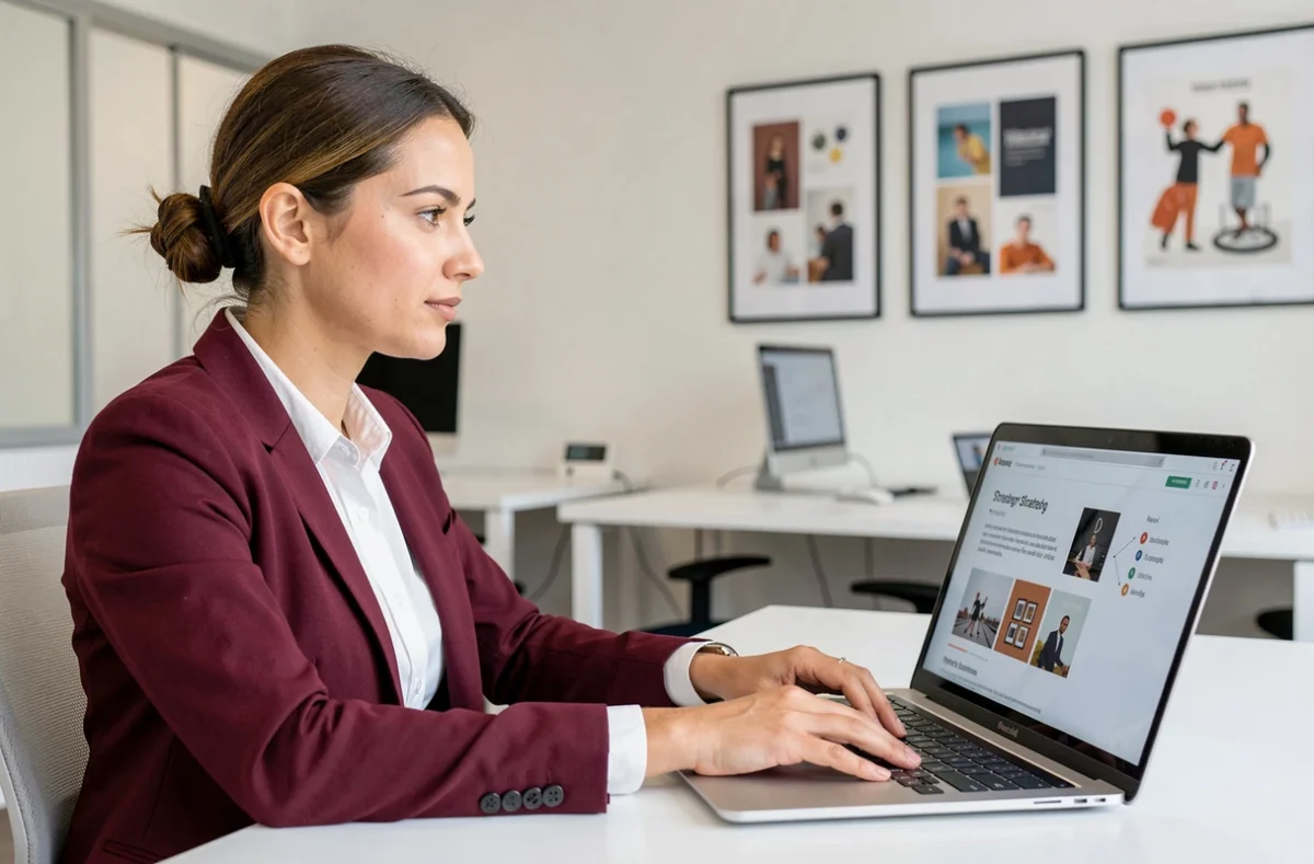 Consultante Actency révisant une stratégie de contenu numérique dans un bureau d'agence parisienne moderne