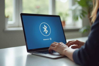 Mains activant le Bluetooth sur un ordinateur portable moderne