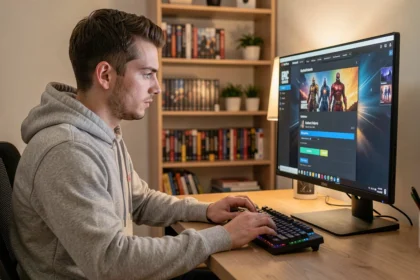 Jeune homme activant un jeu sur Epic Games depuis son PC de bureau à domicile