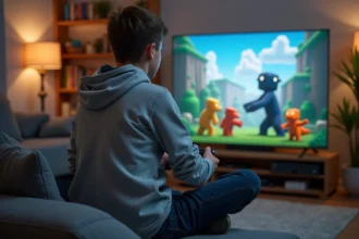 Adolescent jouant à un mod Minecraft Pokémon sur console dans un salon moderne
