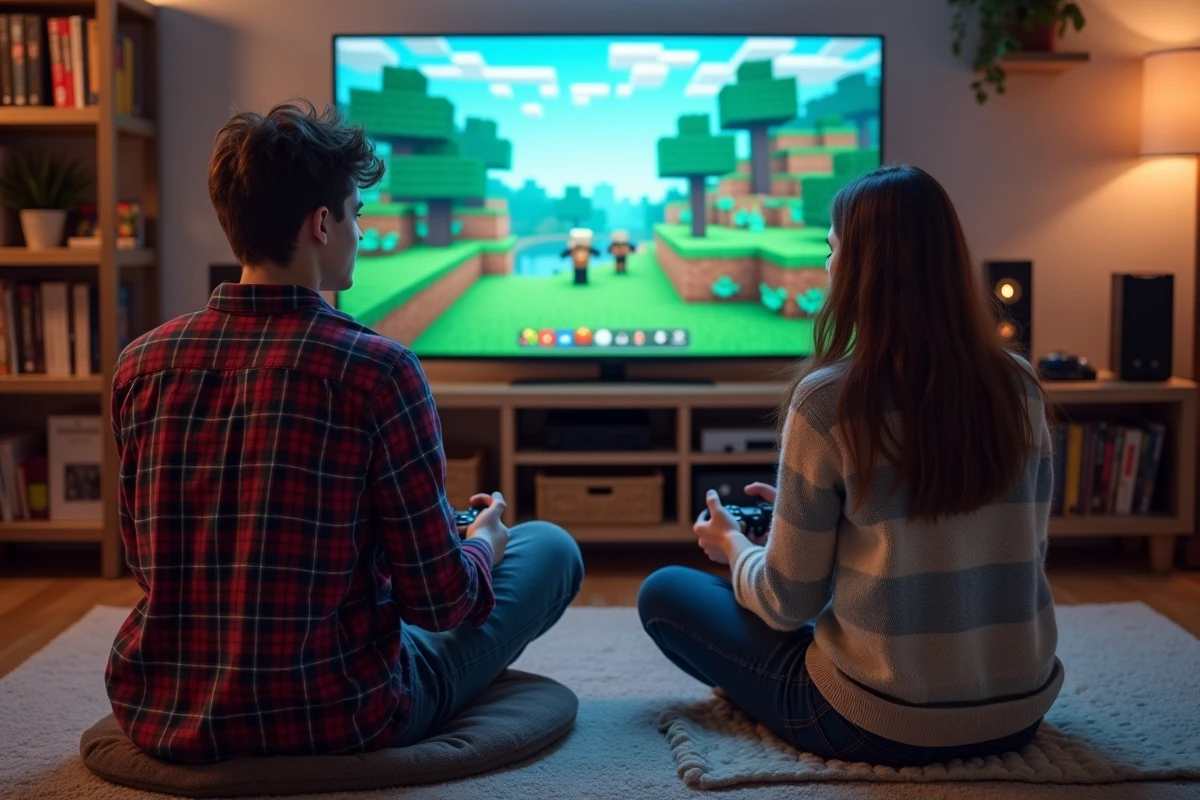 Deux amis jouant ensemble à un mod Minecraft Pokémon sur console dans une salle de jeux