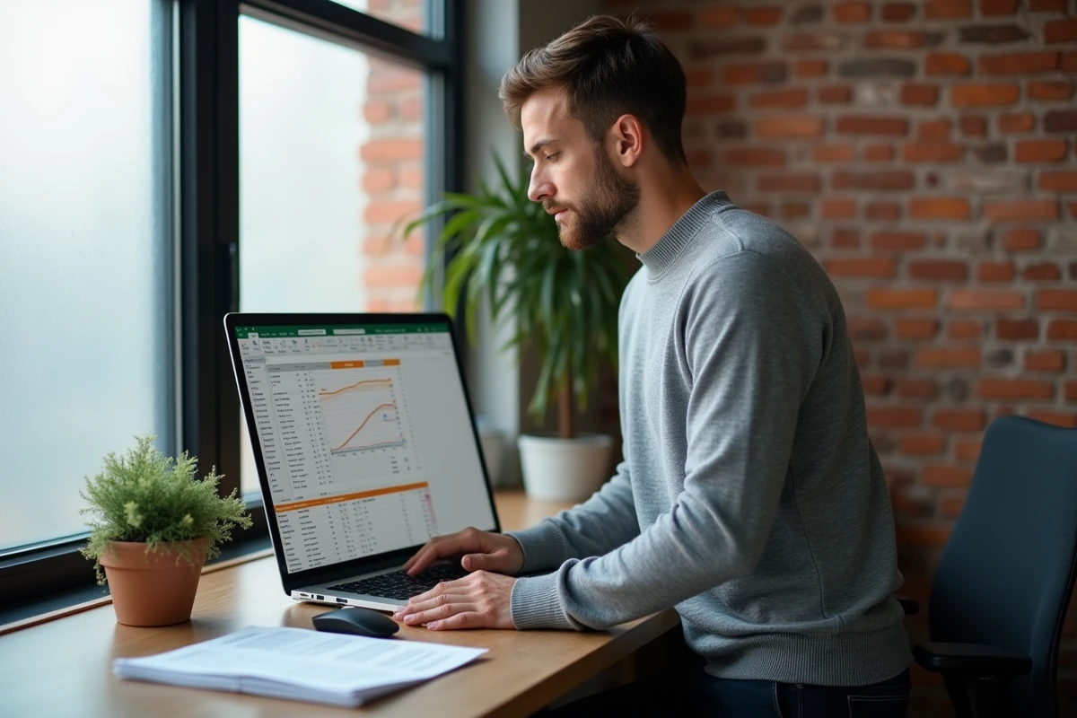 Analyste de données debout devant un ordinateur portable avec un tableau Excel de calcul d'âge des employés
