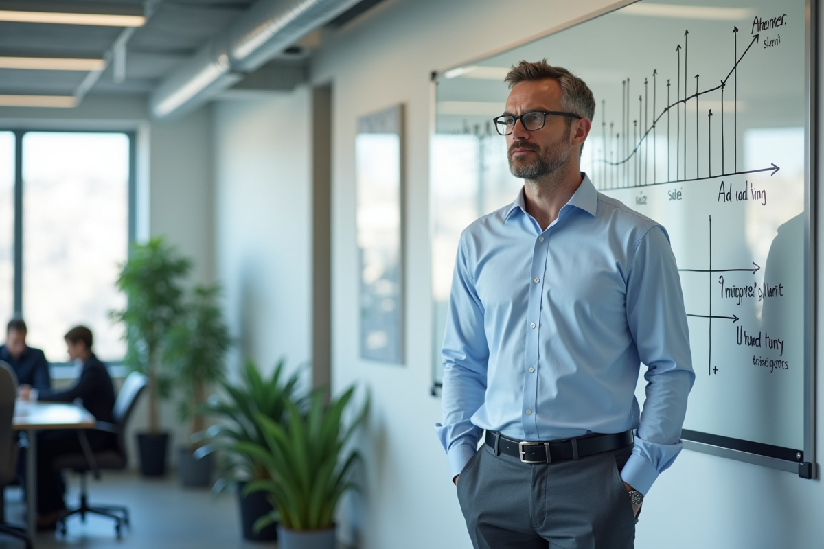 Analyste marketing devant un tableau blanc avec graphiques