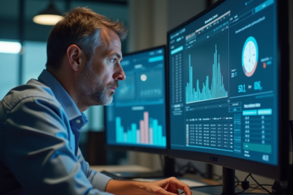 Homme d'âge moyen analysant un tableau de bord de sécurité numérique