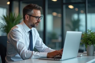 Analyste sécurité informatique en bureau moderne avec écran sécurisé