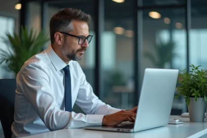 Analyste sécurité informatique en bureau moderne avec écran sécurisé