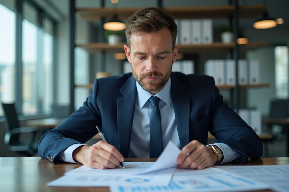 Auditeur homme en costume noir examine des documents financiers