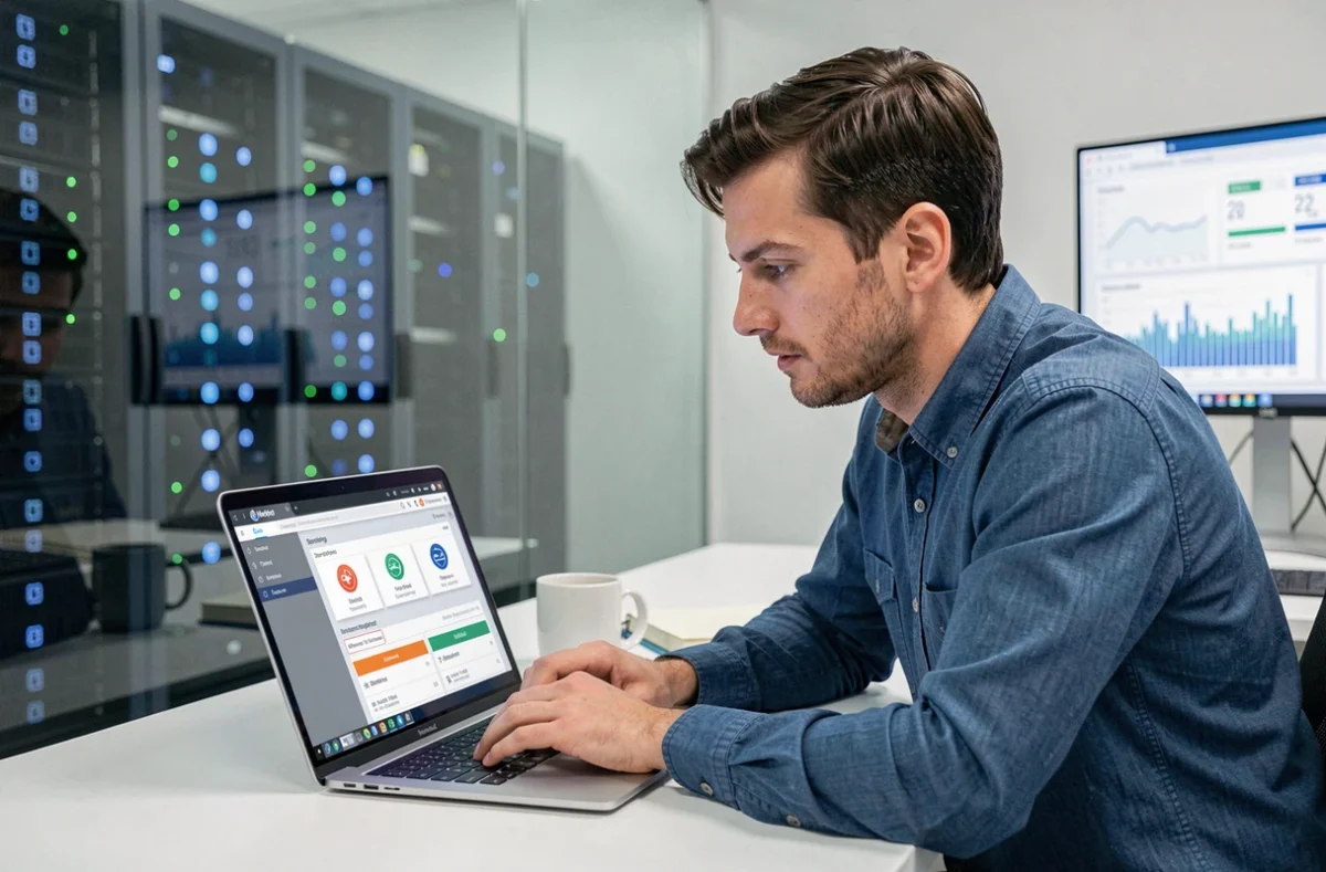 Ingénieur cloud travaillant sur une console de gestion d'hébergement sécurisé devant une salle de serveurs