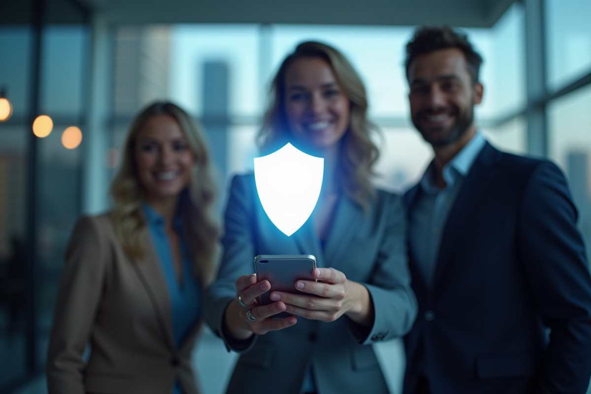 Icône de bouclier numérique sur smartphone dans un bureau lumineux