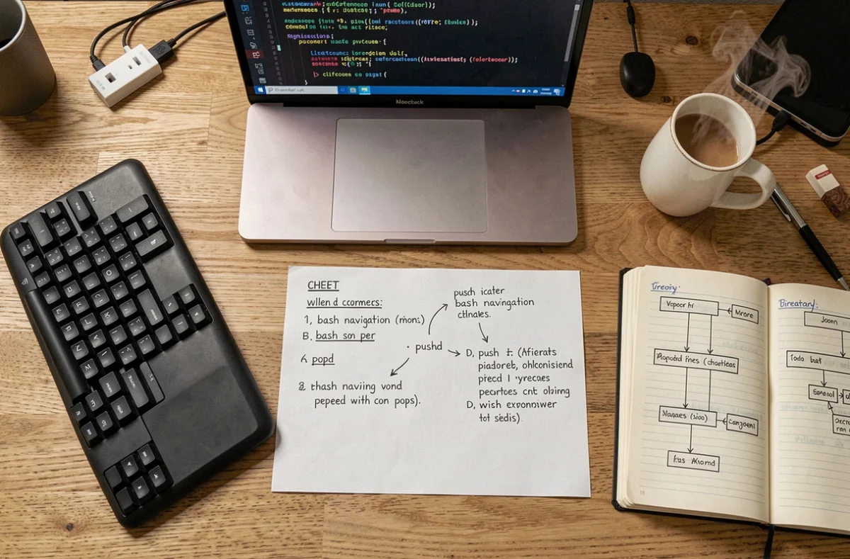 Vue de dessus d'un bureau de développeur avec un aide-mémoire des commandes bash pushd et popd annoté à la main