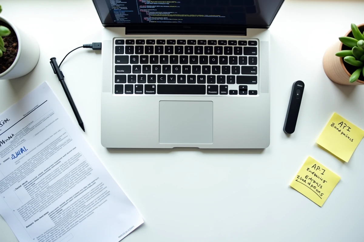 Vue aérienne d'un bureau de développeur avec code Python XML visible sur écran et documentation annotée pour API Django