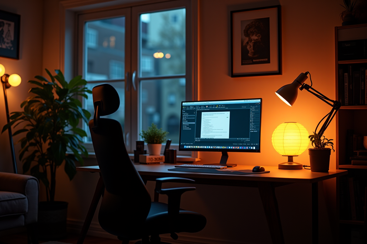 Bureau à domicile chaleureux éclairé par une lampe de bureau