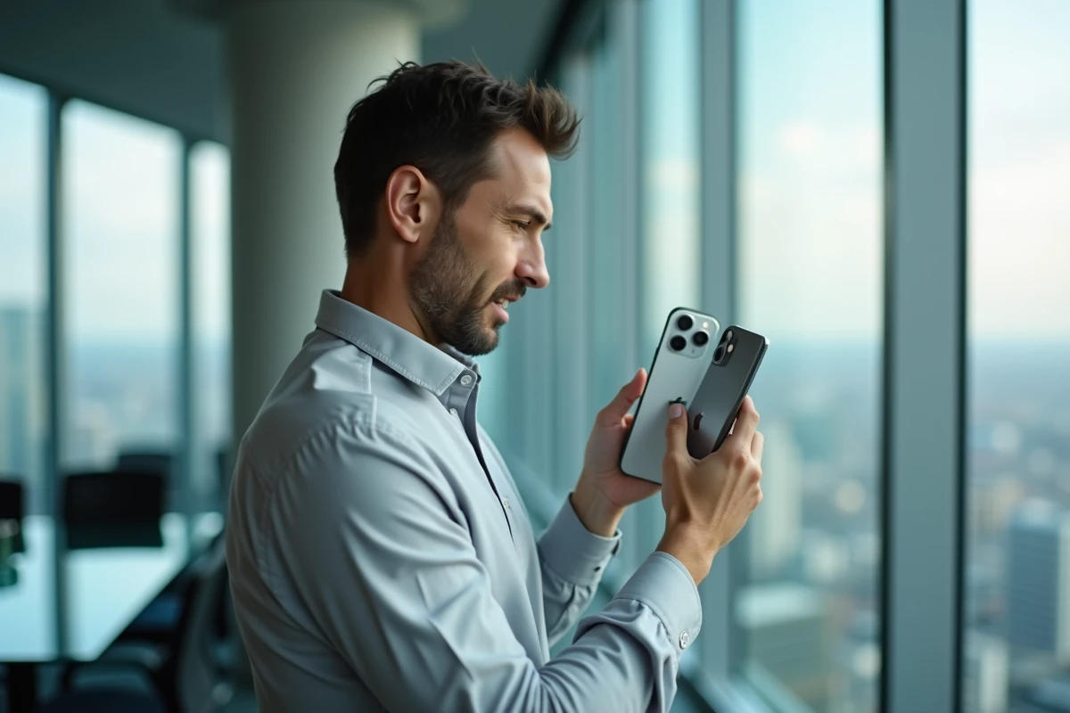 Cadre examinant l'iPhone 15 en titane dans un bureau de direction avec vue sur la ville