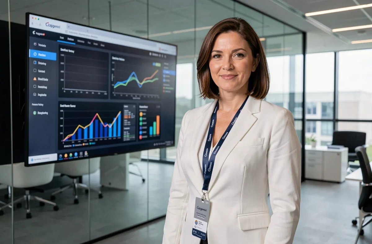 Consultante Capgemini devant un tableau de bord numérique dans les bureaux modernes de La Défense à Paris