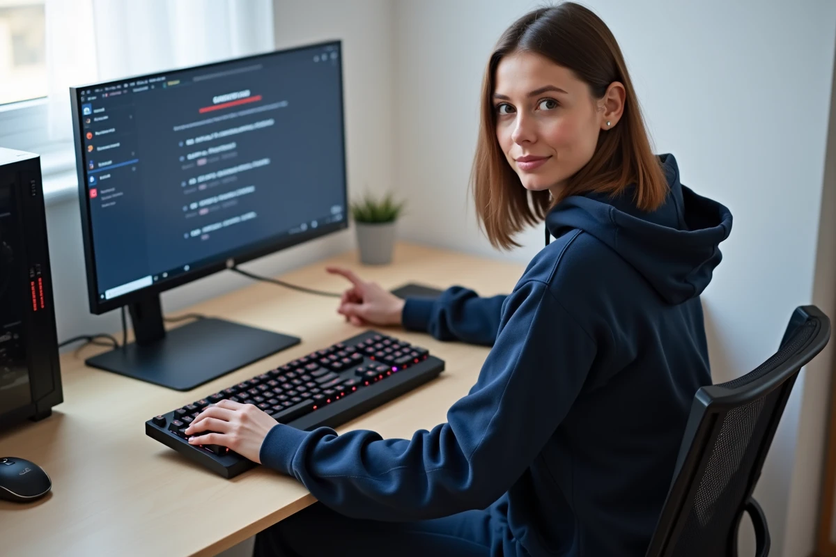 Femme tenant un clavier sans fil RGB devant un écran affichant le BIOS AORUS d'une carte mère GIGABYTE