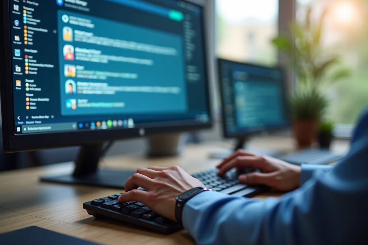 Mains tapant sur un clavier avec écran de messagerie visible