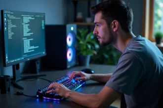 Technicien appuyant sur la touche Delete d'un clavier USB mécanique RGB pour accéder au BIOS AORUS sur un PC de bureau