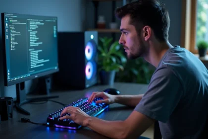 Technicien appuyant sur la touche Delete d'un clavier USB mécanique RGB pour accéder au BIOS AORUS sur un PC de bureau