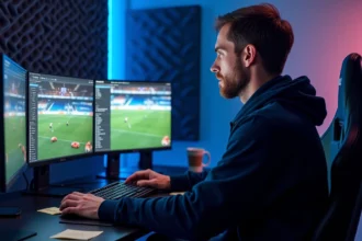 Coach esport Rocket League analysant des replays avec BakkesMod sur plusieurs écrans dans une salle d'entraînement professionnelle