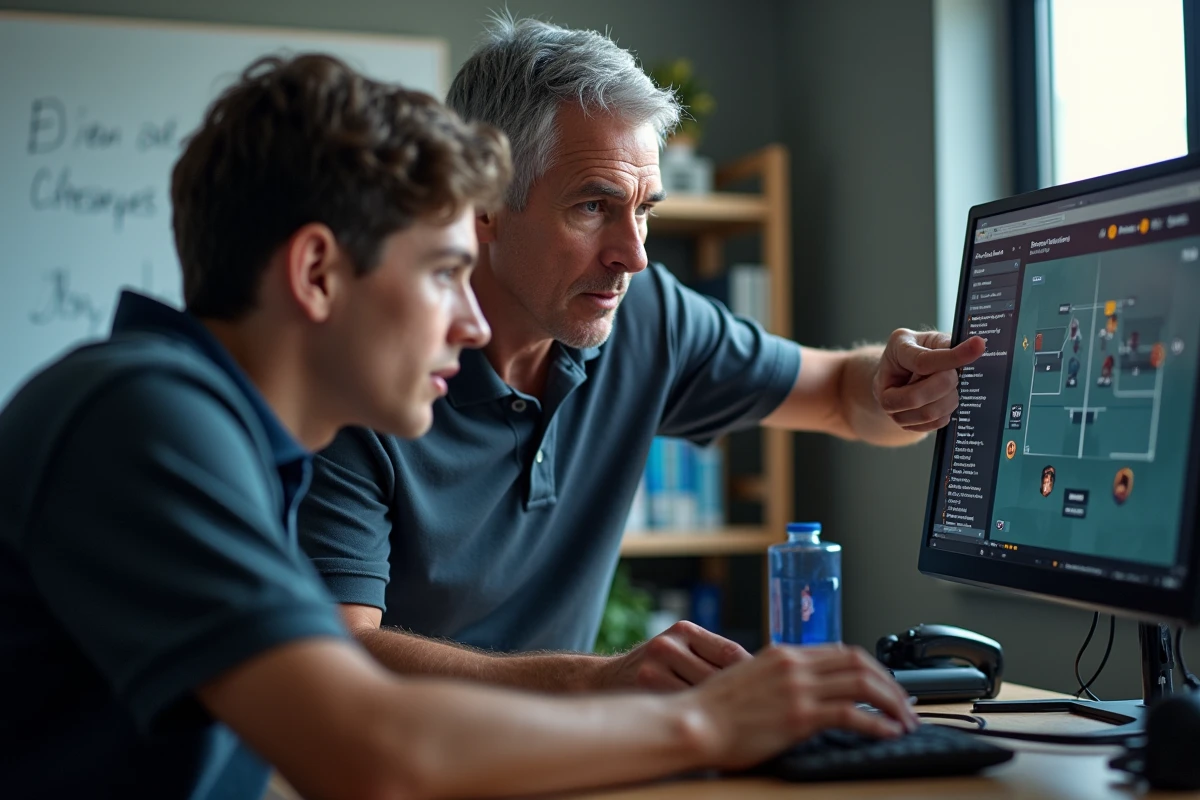 Coach Rocket League expérimenté guidant un jeune joueur dans la configuration de drills BakkesMod sur ordinateur portable