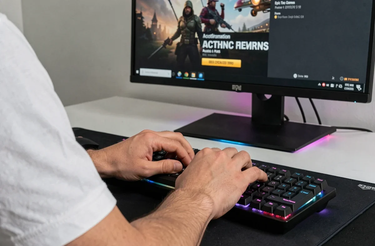 Mains tapant un code d'activation sur le site Epic Games depuis un PC de jeu