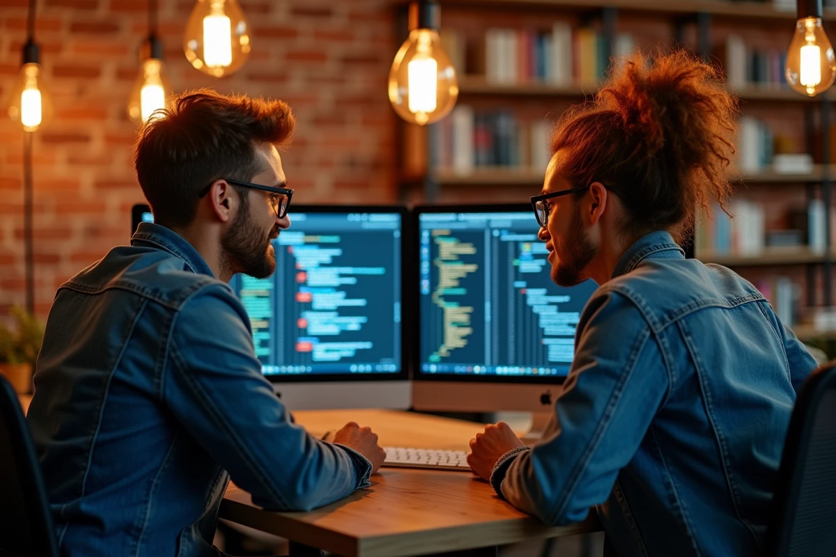 Deux développeurs front-end collaborant sur un débogage de layout Flexbox en CSS dans un espace de coworking au style industriel