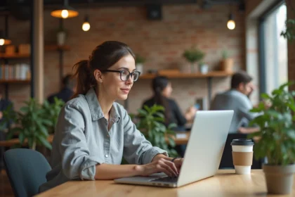 Femme travaillant sur un ordinateur portable dans un espace de coworking, illustrant la collaboration en ligne sans inscription
