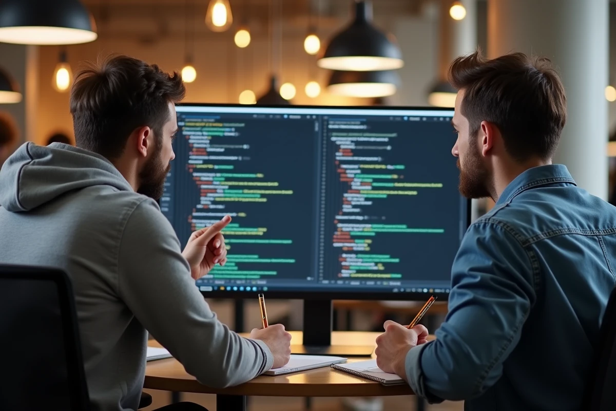 Deux développeurs collaborant sur l'intégration de composants popup dans React et Vue, comparant du code sur un écran partagé dans un espace de coworking