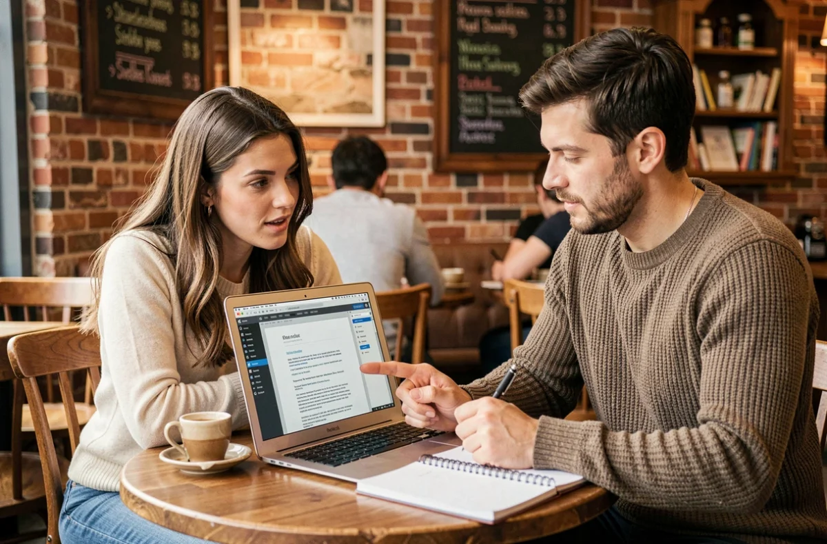 Deux collègues collaborant sur un traitement de texte gratuit Mac dans un café, comparant les fonctionnalités avec Windows