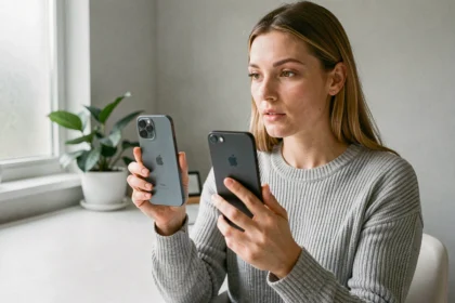 Femme tenant un iPhone 12 et un smartphone Android pour comparer leur taille