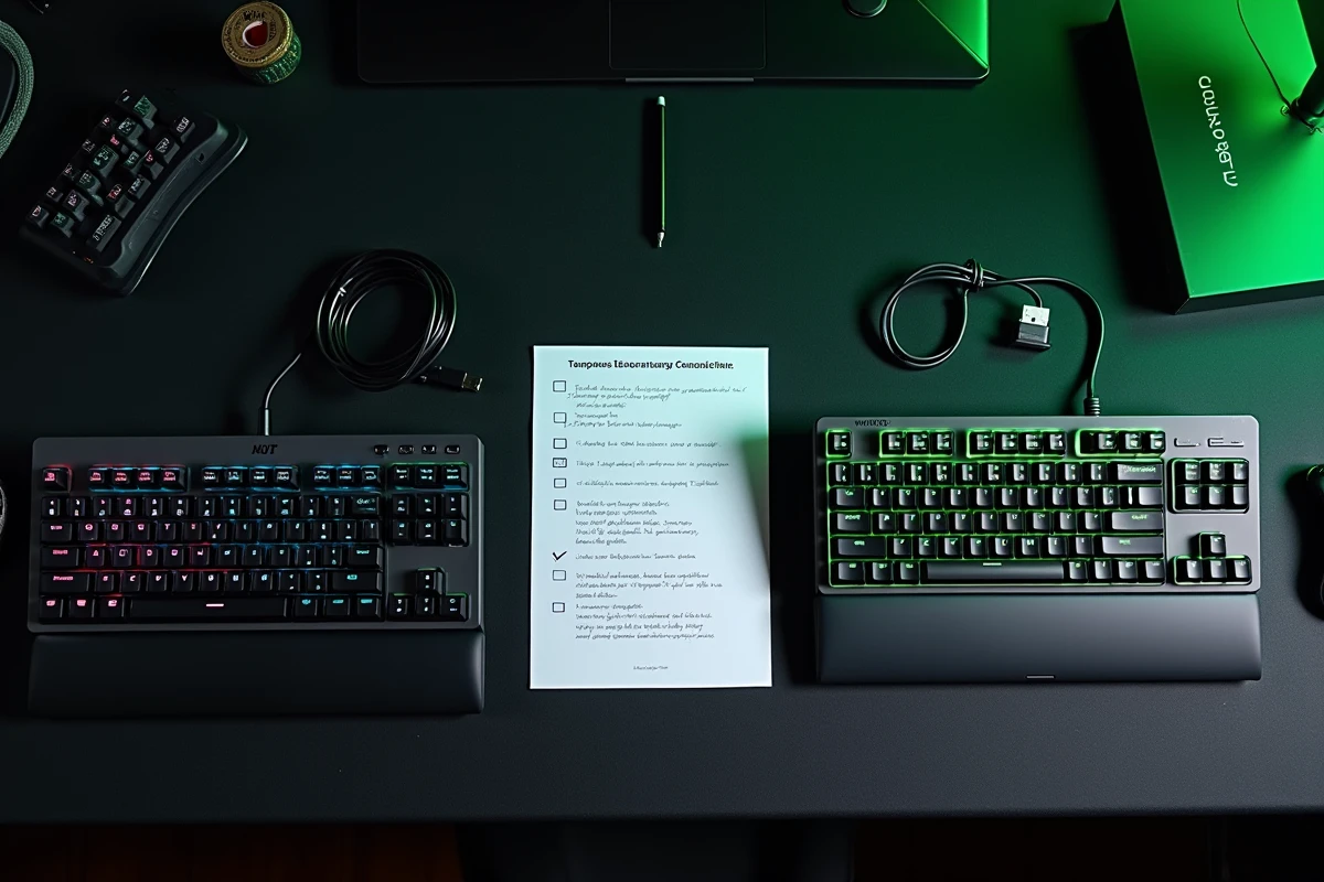 Vue de dessus comparative de trois claviers USB, mécanique RGB et sans fil posés sur un bureau pour choisir le meilleur accès au BIOS AORUS