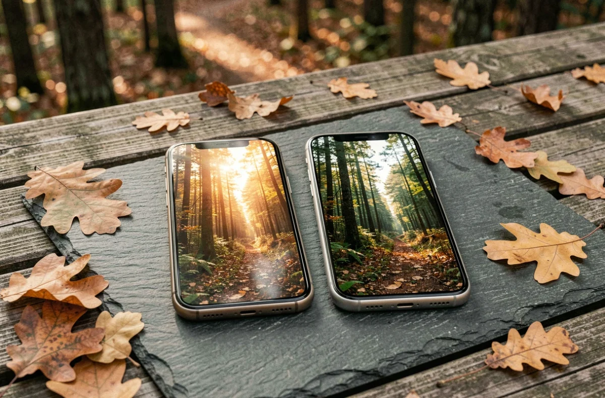 Comparatif de deux smartphones posés côte à côte affichant des photos de paysage prises avec leur capteur ultra grand-angle