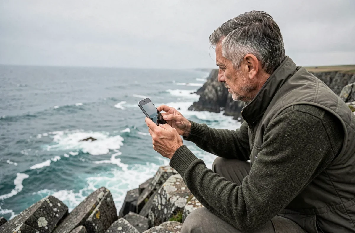 Homme testant le capteur ultra grand-angle d'un smartphone sur une falaise côtière pour un comparatif photo 2026