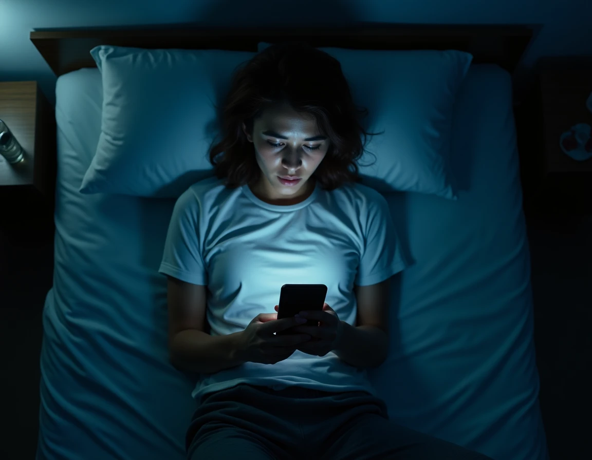 Personne consultant son smartphone la nuit dans sa chambre pour gérer un compte Instagram secret