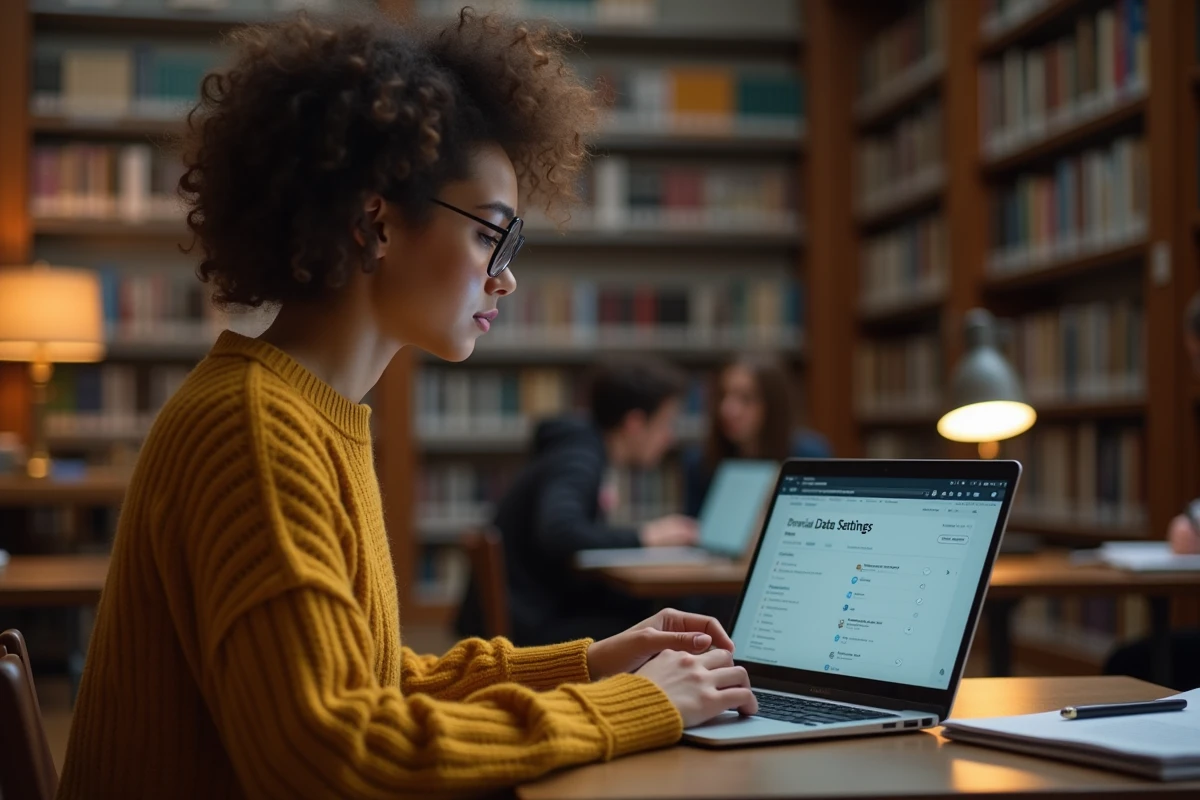 Étudiante configurant les paramètres de confidentialité de son compte Eservice UHA dans une bibliothèque universitaire