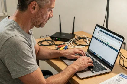 Homme configurant sa box Internet en tapant une adresse IP locale sur un ordinateur portable dans un bureau à domicile