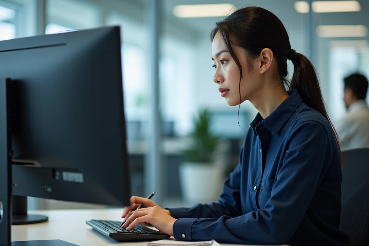 Femme au bureau consultant les paramètres de configuration du clavier sous Windows 10 sur un double écran