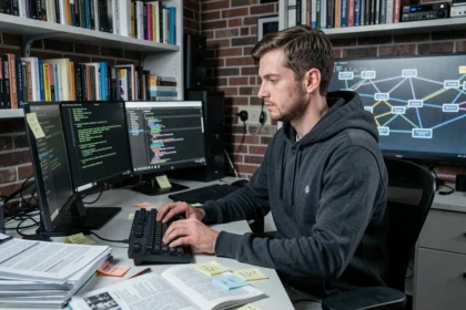 Ingénieur informatique configurant Kali Linux sur un bureau à domicile avec terminal en ligne de commande visible