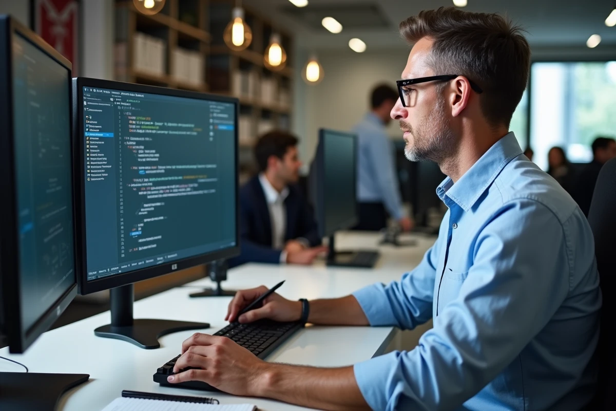 Homme configurant un logiciel de remappage de raccourcis clavier dans un bureau en open space
