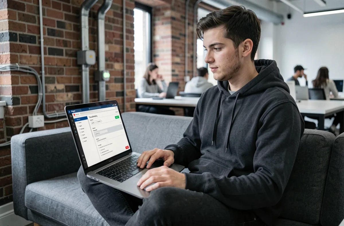 Jeune technicien informatique consultant les paramètres de configuration webmail sur son ordinateur portable dans un espace de coworking