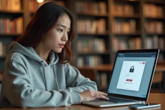 Étudiante se connectant pour la première fois au webmail de Nantes sur son ordinateur portable en bibliothèque universitaire