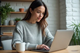 Femme connectée à sa messagerie webmail Ozone sur un ordinateur portable dans un bureau à domicile