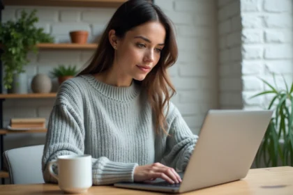 Femme connectée à sa messagerie webmail Ozone sur un ordinateur portable dans un bureau à domicile