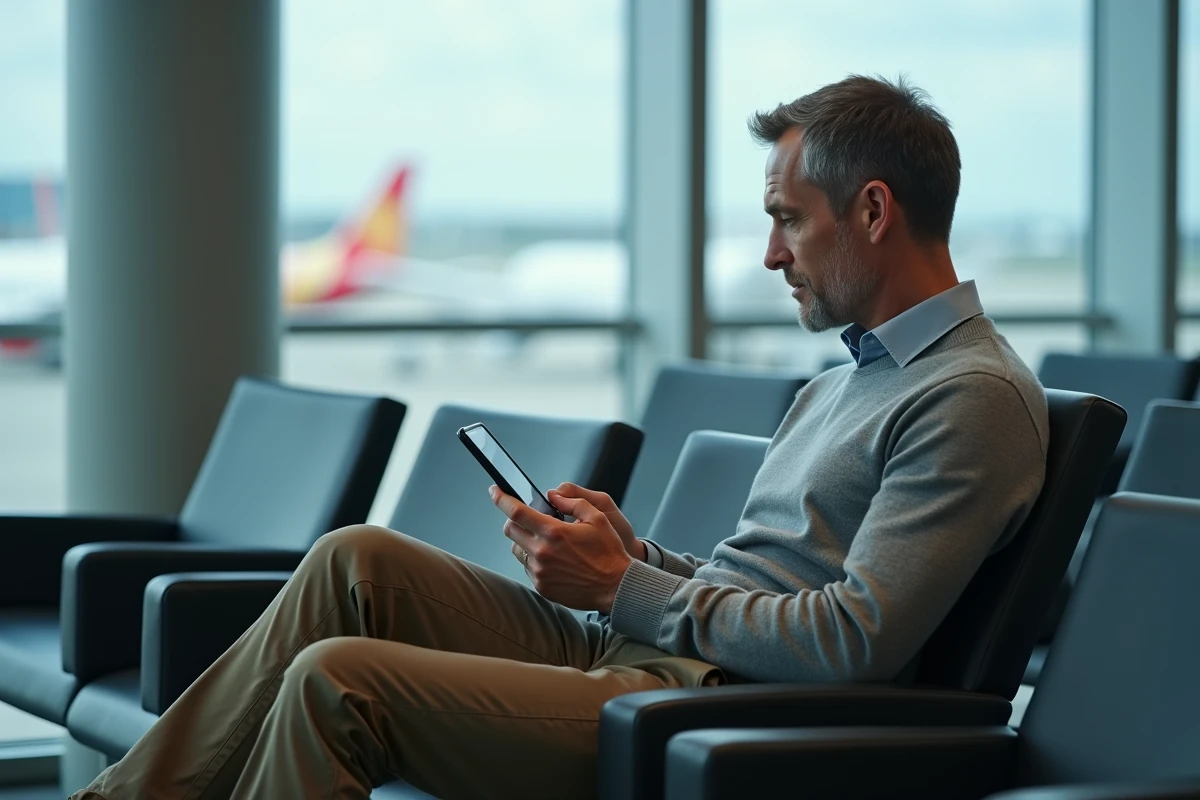 Homme utilisant une tablette pour se connecter au webmail ac-rennes dans un salon d'aéroport en déplacement