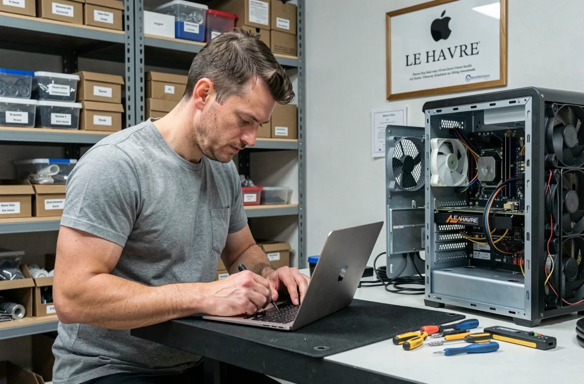 Technicien de Data'Mac réparant un MacBook sur un établi à Le Havre