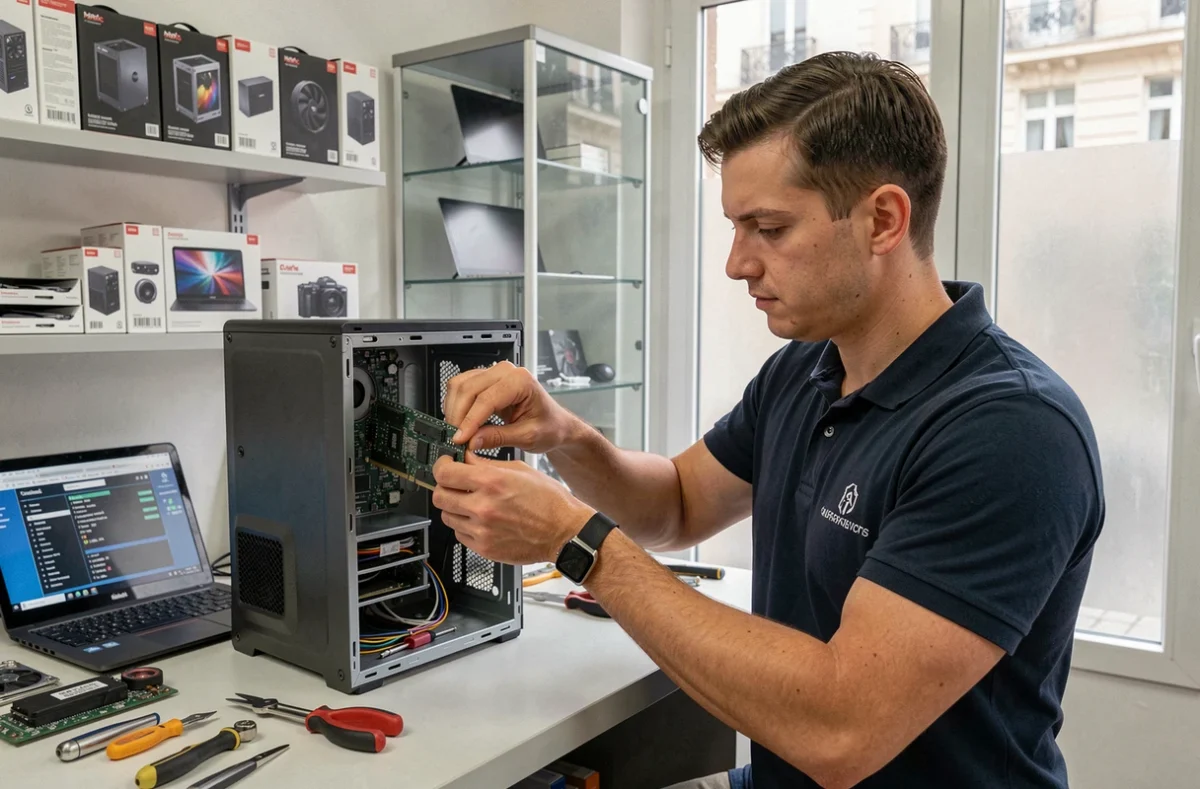 Technicien informatique réparant un ordinateur de bureau dans un atelier de dépannage avec du matériel informatique en vente