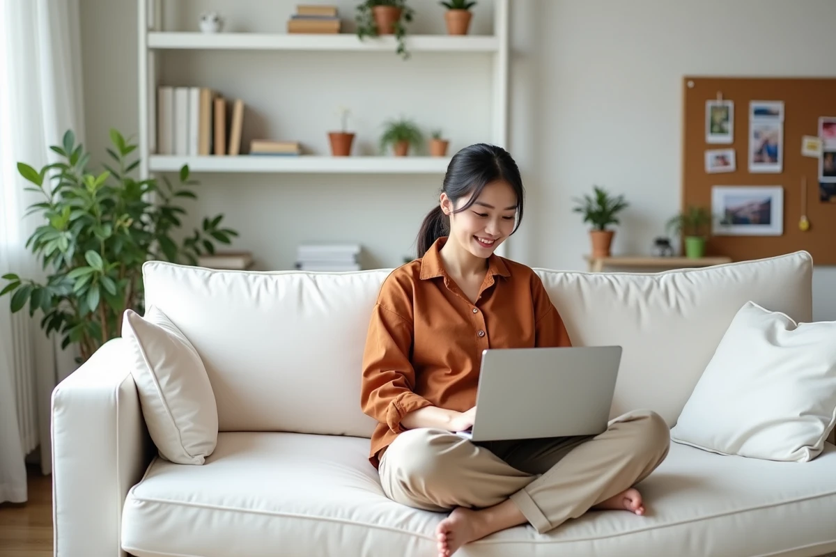 Designer graphique féminine consultant un tableau de bord d'hébergement d'images sur un laptop dans un studio créatif à domicile