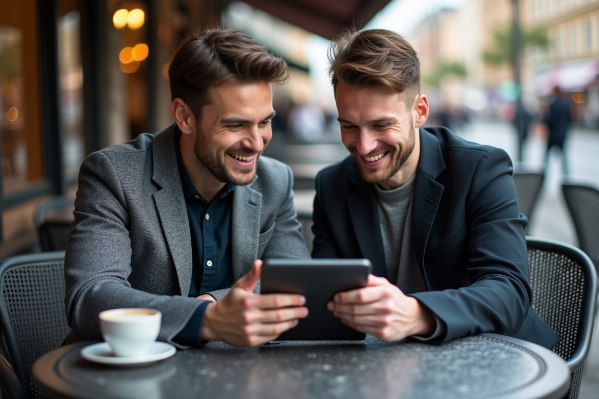 Deux hommes discutant avec une tablette dans un café en ville